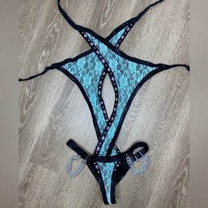 Black & Blue & Silver Sexy Lace/Leather One Piece